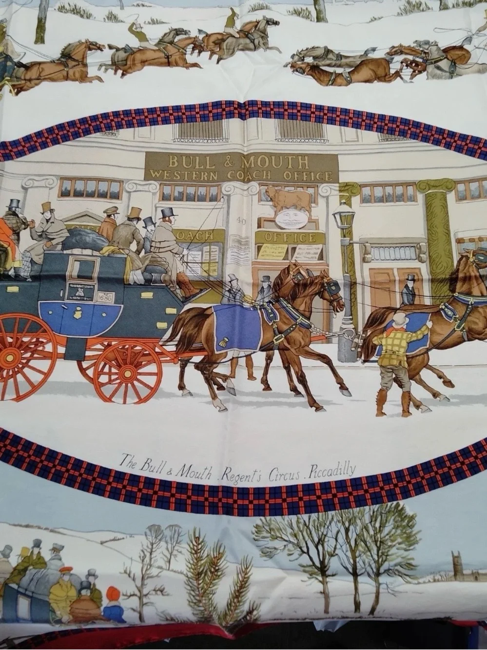Authentic Hermès Horse Carriage Street Winter Field Red Blue White Silk Scarf 90